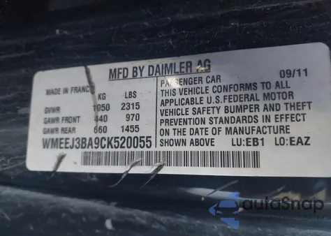 2012 Smart Fortwo Passion/Pure from USA, damaged, VIN WMEEJ3BA9CK520055